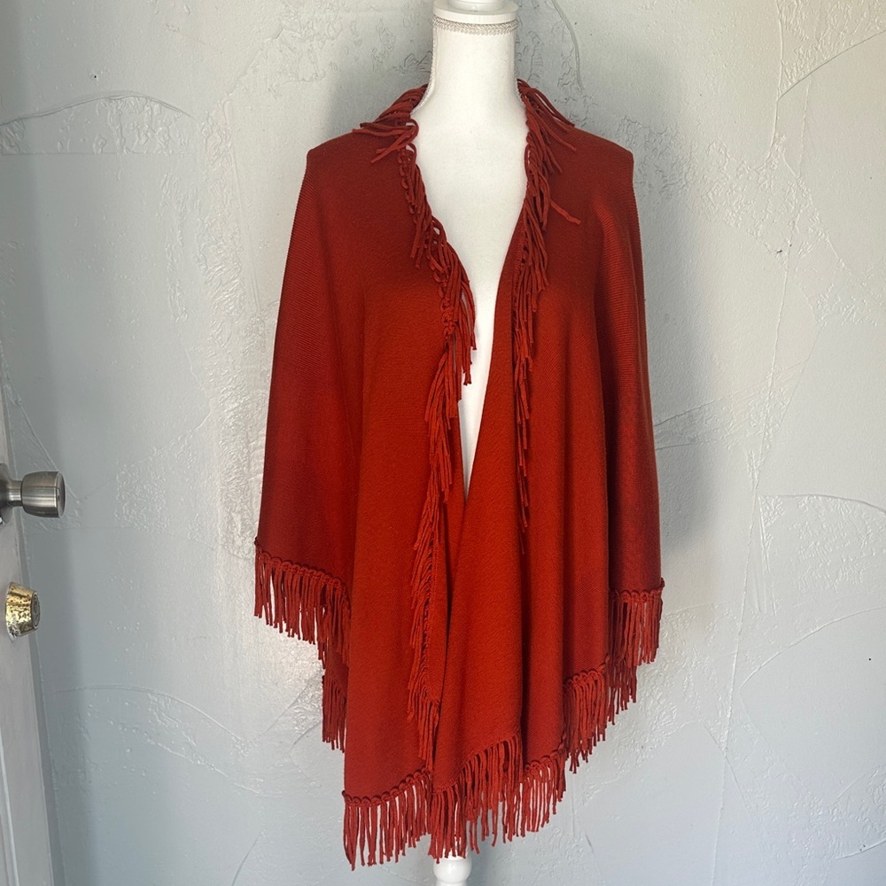 Boho Fringed Open-Front Shawl Wrap – Rust Orange - Picture 6 of 9